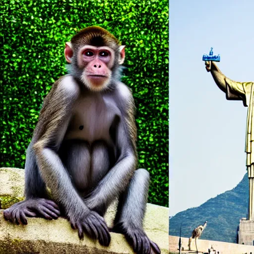 Image similar to high quality portrait of a monkey in front of Christ The Redeemer, studio photograph, photograph, realistic photo, 8k photo, 4k photo, stock photo, high resolution, cinematic shot, high detail