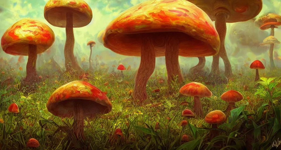 Prompt: a beautiful painting of trippy mushrooms by Tokio Aoyama, Mario Martinez, David Normal. photorealistic, trending on artstation, dramatic lighting, 8K, fantasy beautiful, surreal, cinematic.