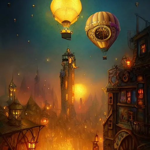 Image similar to a beautiful stunning fantasy whimsical matte digital illustration of a scene of a steampunk! hot - air balloon over a lit steampunk! city at night by marc simonetti, pastel color palette, disney magic the gathering steampunk!!!, chiaroscuro magical! bokeh moon stars dramatic romantic! epic breathtaking, clock tower,, trending on artstation hq, masterpiece