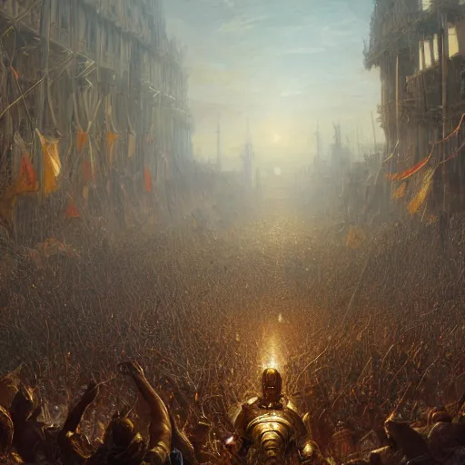 Image similar to artstation concept of a man in armor standing in a crowd gettig cheered, man with arms wide open, bright colorful, gold, hyperdetailed, artstation trending, world renowned artists, worth 1 0 0 0. com, historic artworks society, antique renewel, cgsociety, by greg rutkowski, by gustave dore, deviantart