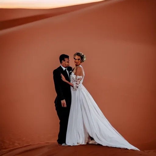 Image similar to bride and groom in the middle of the sahara desert, canon eos r 3, iso 2 0 0, 1 / 1 6 0 s, 8 k, raw, unedited, symmetrical balance, in - frame