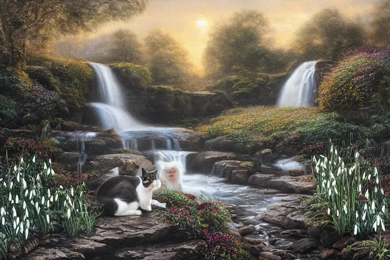 Prompt: a black and white cat sleeping next to a waterfall, surrounded by common snowdrops, golden hour, painting Mark Keathley