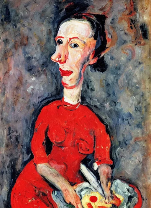 Image similar to an oil painting of a woman in a red dress posing with meat in expressive style of Chaim Soutine, palette of red alizarin and dark gray green, thick impasto painting technique