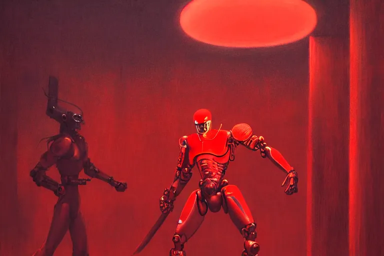 Image similar to only with red, a red cyborg samurai, tokio futuristic in background, some evil yokai fight, in the style of beksinski, parts by edward hopper, parts by rodcenko, parts by yue minjun, intricate and epic composition, red by caravaggio, insanely quality, highly detailed, masterpiece, red light, artstation, 4 k