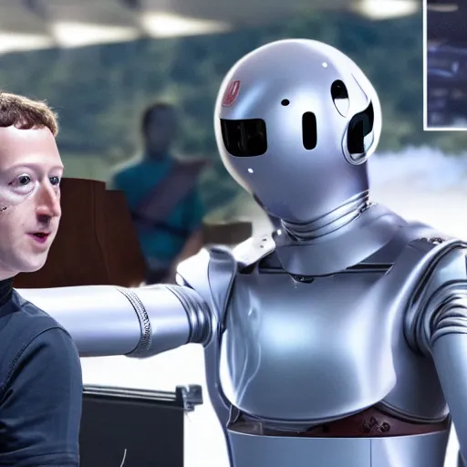 Image similar to mark Zuckerberg sword fighting with Elon musk in robotic samurai armor