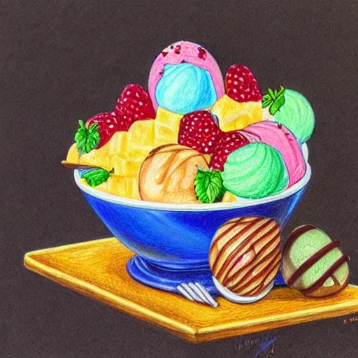 Image similar to Colored pencil art on paper, Ice Cream Fudge Sundae in a bowl with fruit toppings, highly detailed, artstation, MasterPiece, Award-Winning, Caran d'Ache Luminance