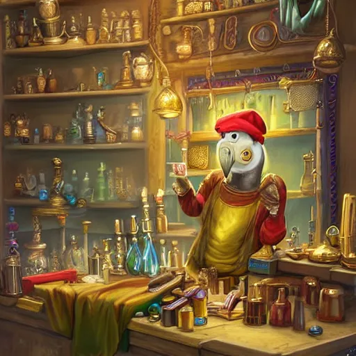 Image similar to Anthropomorphized parrot trader in his shop, selling his wares, portrait, items, gold, magic potions, carpet, window, sly expression , cunning expression, cute expression, long thick shiny gold beak, presenting wares, D&D, fantasy, cinematic lighting, highly detailed, digital painting, artstation, concept art, smooth, sharp focus, illustration, warm light, cozy warm tint, magic the gathering artwork, volumetric lighting, 8k, art by Akihiko Yoshida, Greg Rutkowski