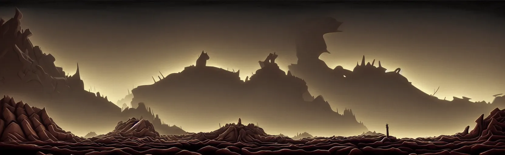 Prompt: uncanny wasteland landscape from the depths of a vast wasteland in the collective unconscious, dramatic lighting, surreal dark 1 9 3 0 s fleischer cartoon characters, surreal painting by ronny khalil