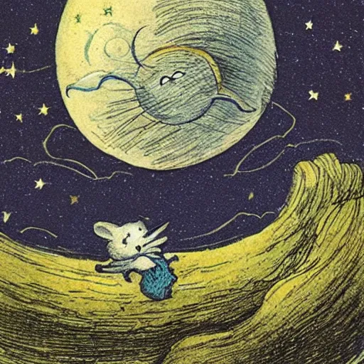 Image similar to night sky, stars, personified smiling moon prominently in the center, surrounded by clouds, landscape, illustrated by peggy fortnum and beatrix potter and sir john tenniel