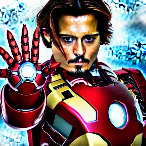 Prompt: johnny depp as iron man from avenger!!, photo - realistic!!, portrait!!!