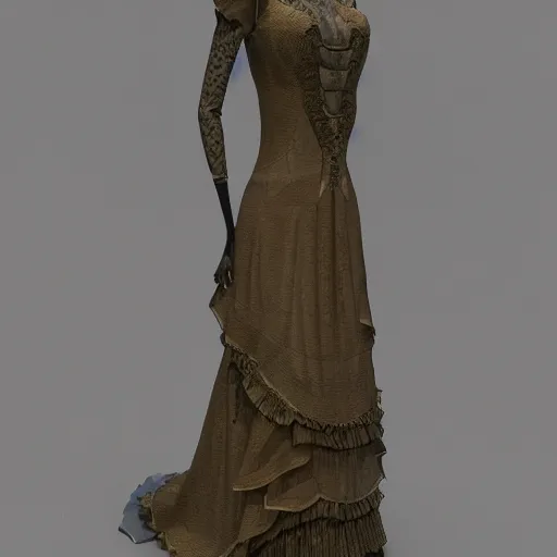 Prompt: unreal engine rendering of a giraffe in a long flowy dress with many layers and ruffles and fine stitching Victorian style high definition intricate details