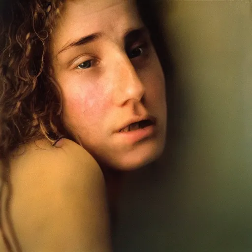 Image similar to a candid extreme closeup portrait of an expressive face of a young woman in love by annie leibovitz