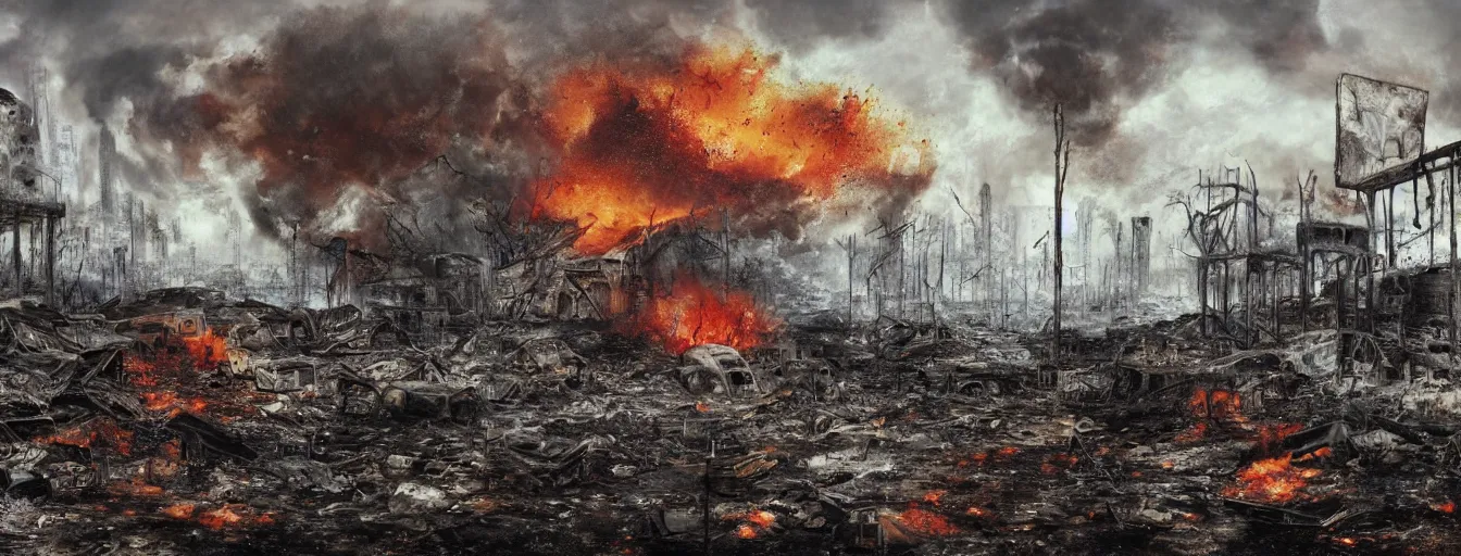 Image similar to still snapshots from moment of explosion hydrogen bomb, dust ground shockwave, apocalyptic vision, landscape in fire, waste, total destruction, detailed drawing of total devastation, collapsed houses, broken forests, burnt remains of cars and garbage, high detail, saturated colors, by james paick, render unreal engine - h 7 0 4