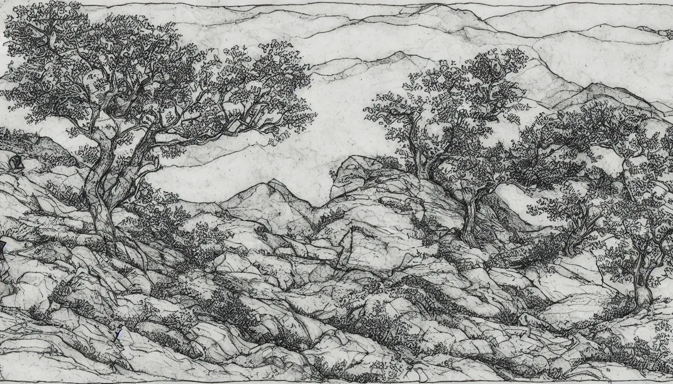 Image similar to a person sits on a mountain side while wind blows through the trees, pen and ink, 1 5 0 0 s, 8 k resolution