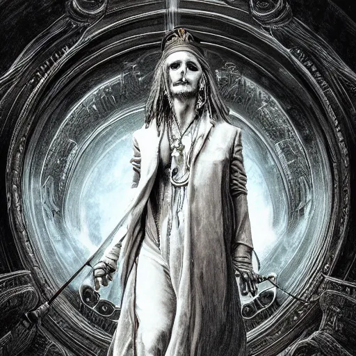 Image similar to photorealistic johnny depp as god in the style of michael whelan and gustave dore. hyperdetailed photorealism, 1 0 8 megapixels, amazing depth, glowing rich colors, powerful imagery, psychedelic overtones, 3 d finalrender, 3 d shading, cinematic lighting, artstation concept art