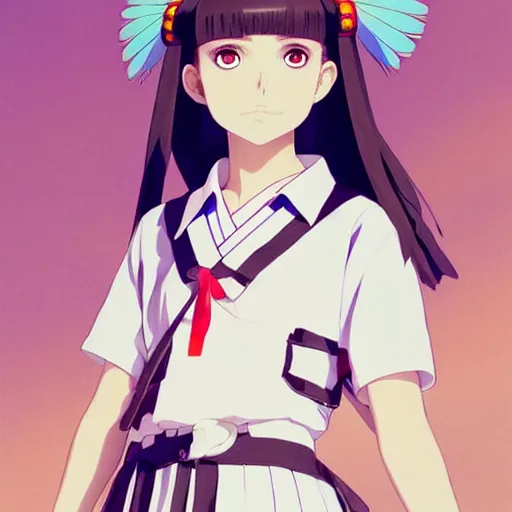 Image similar to a beautiful! boyish! natalie portman model, wearing japanese catholic school girl outfit with mayan pattern and native style, aztec street fashion, guilty gear art direction, perfect anime face, gapmoe yandere grimdark, trending on pixiv fanbox, painted by greg rutkowski makoto shinkai takashi takeuchi studio ghibli, akihiko yoshida