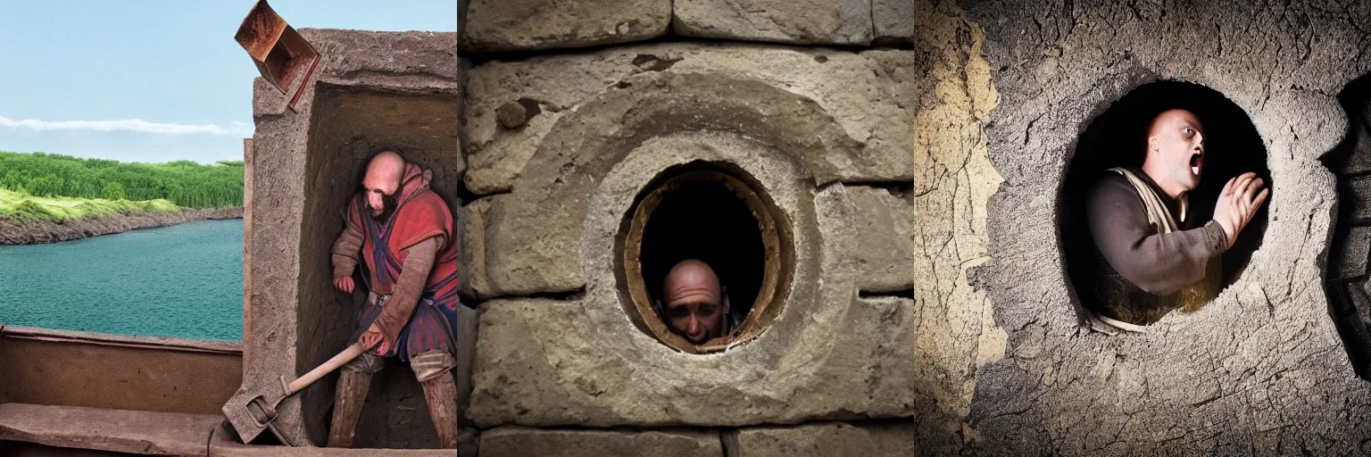 Prompt: A man with his head stuck in the hole of a medieval galley, realistic, view from outside the ship 4k