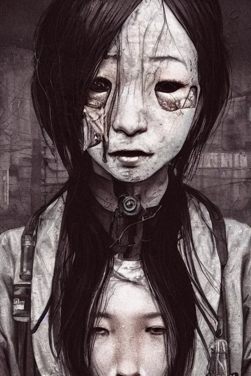 Image similar to grunge portrait of a Japanese creepy nurse girl, wearing a straight jacket in a busy Tokyo street at night, intricate artwork, nightmare fuel, terrifying, by akihiko yoshida , trending on artstation, greg rutkowski very coherent artwork. cinematic, hyper realism, high detail, octane render, 8k