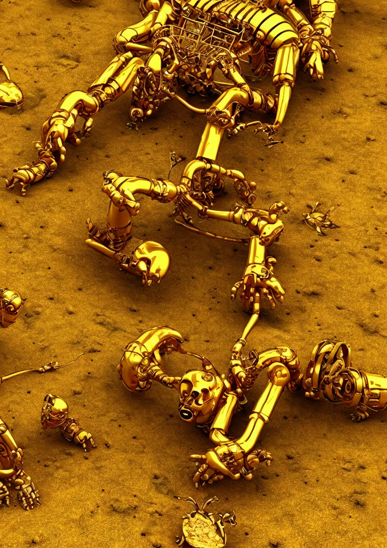 Prompt: Archaeologists discover ancient golden robot. Photorealistic. Intricate details.