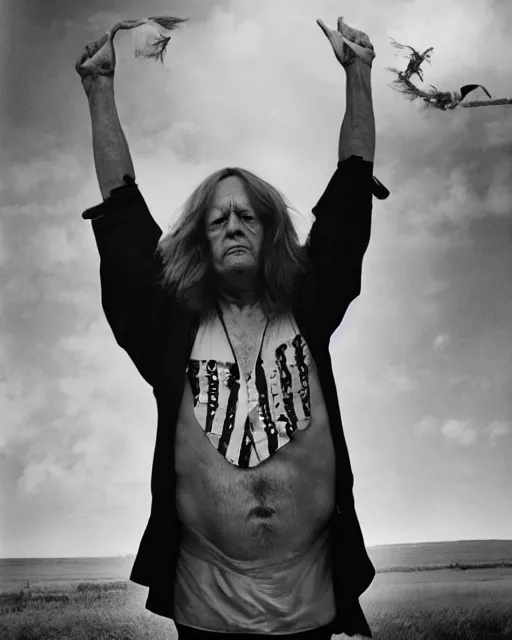 Image similar to if donald trump became a hippie, photoshoot in the style of diane arbus, hyperreal