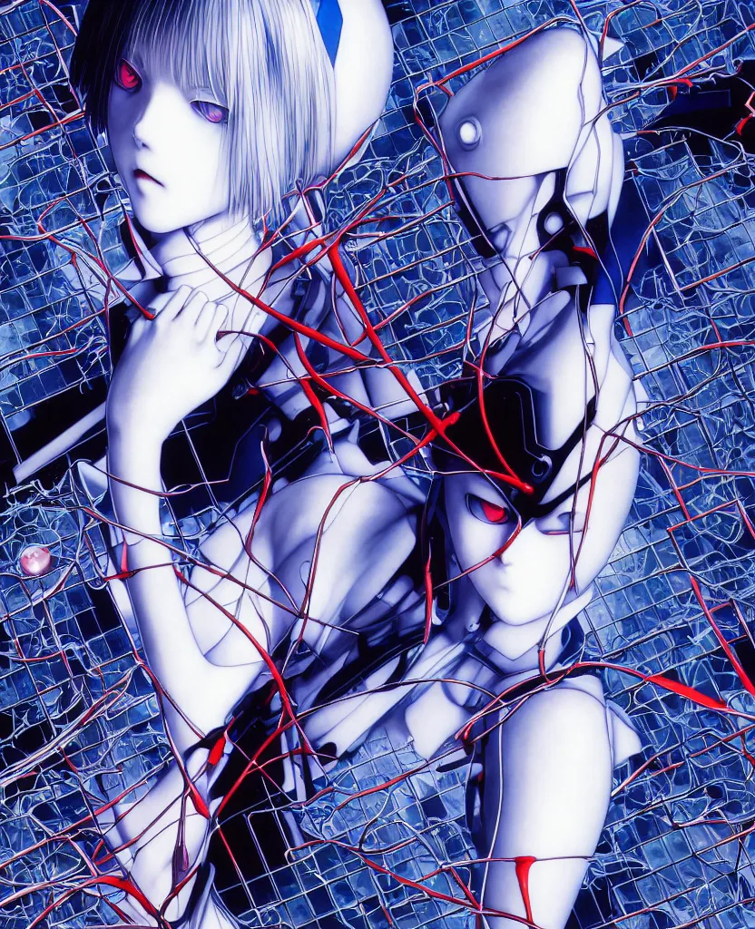 Image similar to symmetrical, rei ayanami, depth perception, depth of field, high resolution, action horror, gothic, rich deep colors. by yoshitaka amano, by yukito kishiro, by yoshiyuki sadamoto, masterpiece, composition of perspective fractal grids, science of energy, signal processing, music and entertainment