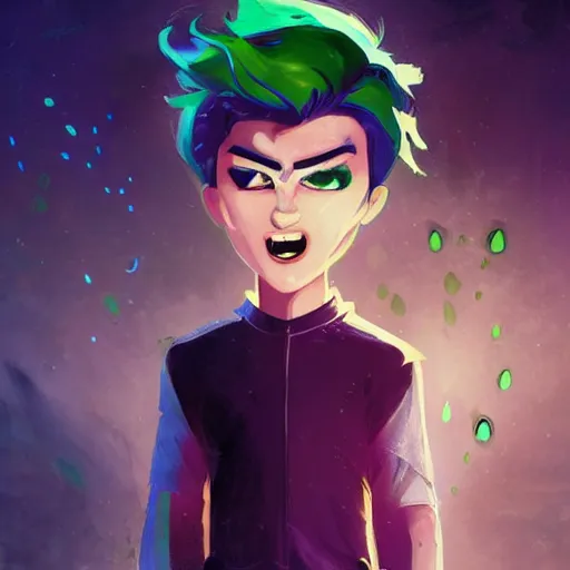 Prompt: A digital matte intricate illustration concept art of young Danny phantom with snow white hair and glowing green eyes, pointy sharp teeth fangs alt art fashion inspired art by Charlie Bowater and WLOP and Mark Arian and Ross Tran + neon colors, symmetry , intricate complexity, epic composition, magical atmosphere, highly detailed, cinematic lighting + masterpiece, trending on artstation + 8k