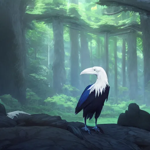 Image similar to concept art painting of an anthropomorphic albino raven wearing dark blue robes, in the deep forest, realistic, detailed, cel shaded, in the style of makoto shinkai and greg rutkowski and james gurney