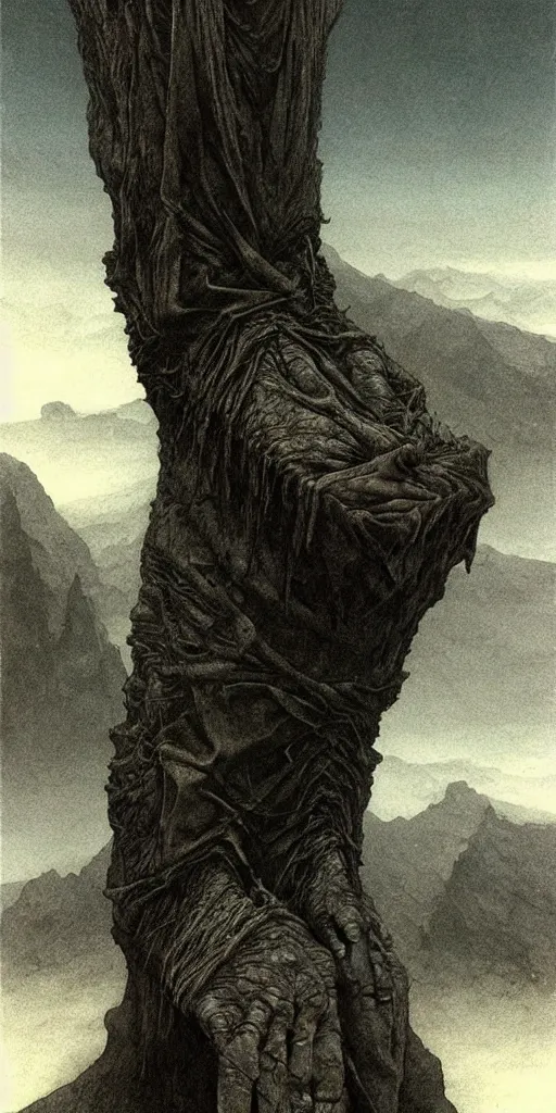 Image similar to A detailed lonley enormous sock with evil eyes stands among the mountains. Wearing a ripped mantle, robe. Perfect face, colossal scale, extremely high details, realistic, fantasy art, solo, masterpiece, art by Zdzisław Beksiński, Arthur Rackham, Dariusz Zawadzki