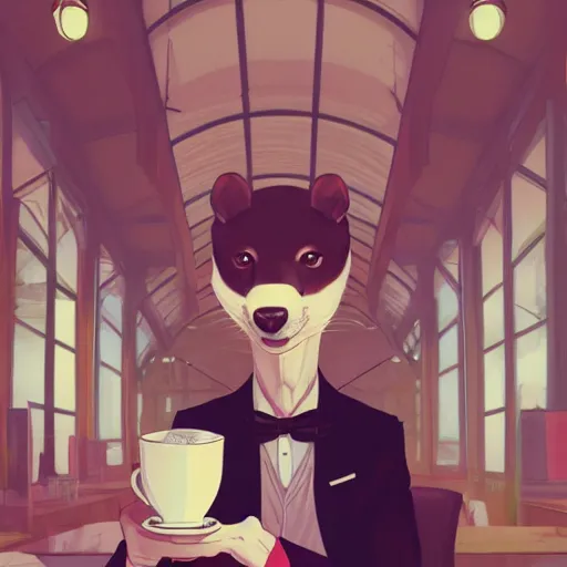Image similar to a weasel in a suit was drinking tea, surrounded by tea houses ambient lighting, 4 k, lois van baarle, ilya kuvshinov, rossdraws, alphonse mucha, jung gi kim, artstation