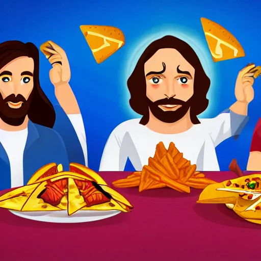 Image similar to jesus and his disciples having a fun dinner at an arcade splitting nachos