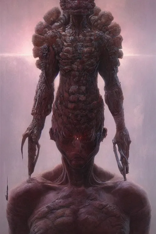 Prompt: beautiful clean oil painting of alienic warrior by wayne barlowe, greg rutkowski, rembrandt, detailed, stunning, realistic skin color