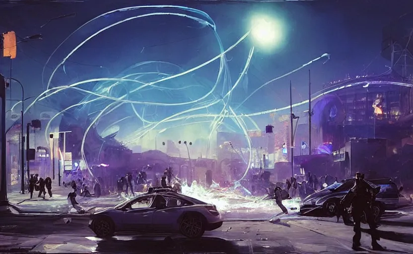 Image similar to people with posters attacking cops, a huge blue spiral - shaped white luminous attractor is floating on the horizon near the sun, stores in los angeles with light screens all over the street, concept art, art for the game, professional lighting, dark night lighting from streetlights, by ilya repin