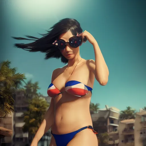 Prompt: a cute girl with googles in a bikini, looking to the sky, cinematic lighting, dramatic atmosphere, artwork by dustin nguyen, akihiko yoshida, greg tocchini, greg rutkowski, cliff chiang, 4 k resolution, trending on artstation, octane render
