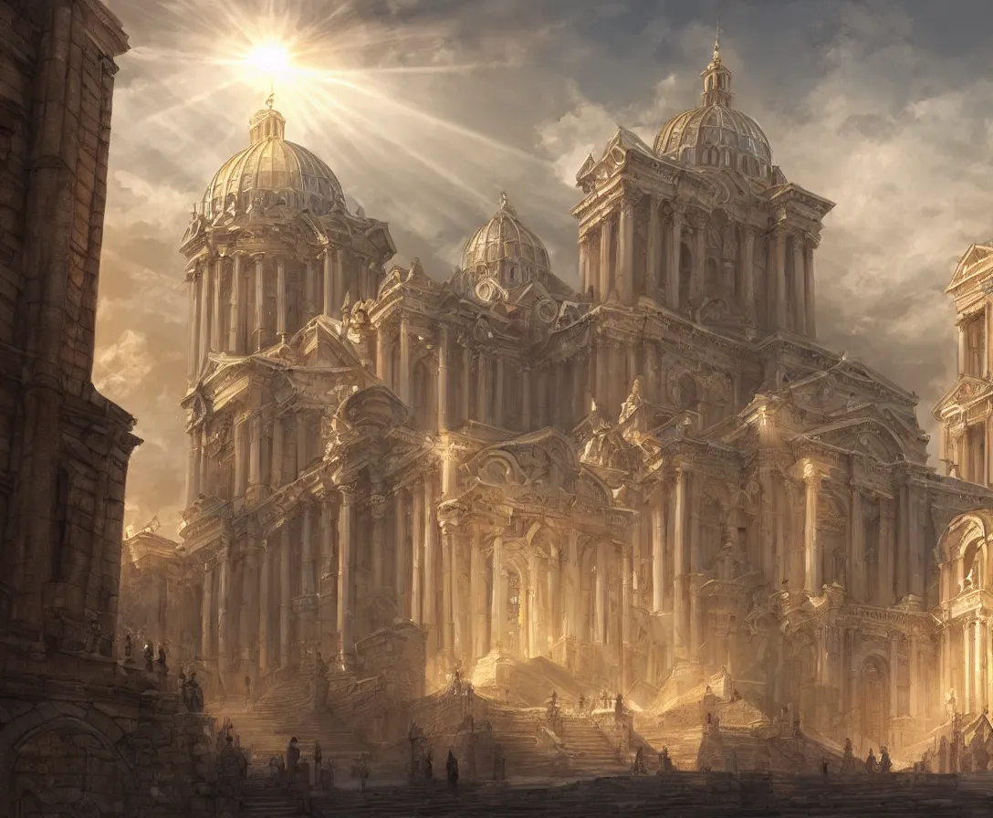 Image similar to highly detailed concept art of authoritarian pearly white medieval city, roman architecture with religious iconography, sunbeams, digital painting, fantasy, d & d, beautiful, illustration