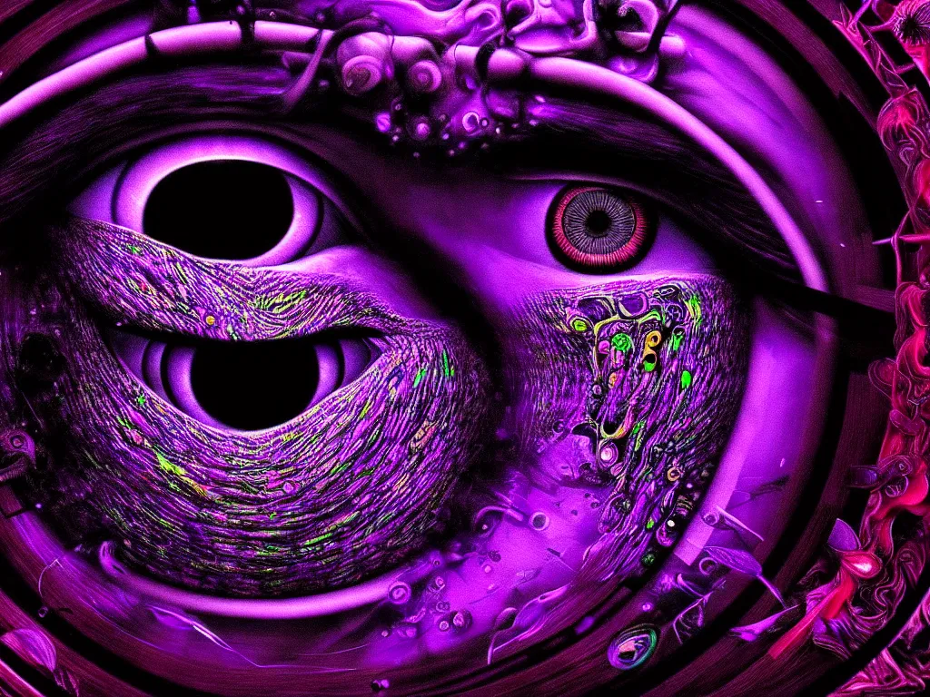 Image similar to highly detailed photo of psychedelic dilated pupil, trending on deviantart, black and purple, neo surrealism, sharp focus, a lot of little details, octane, masterpiece, art by max ernst