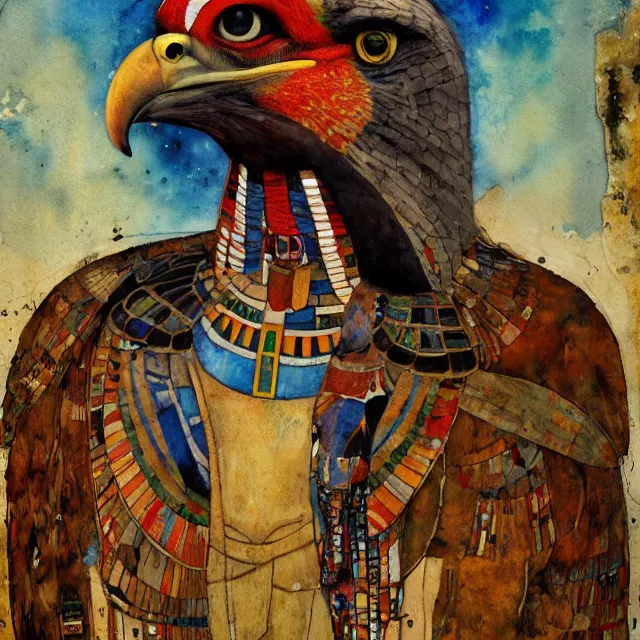 Prompt: expresionistic watercolor of Horus the falcon headed egyptian god, by Enki Bilal, by Gustav Klimt, by Peter Mohrbacher, graffiti paint, vintage, splatters, scratches, trending on artstation