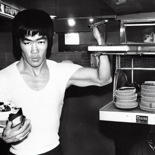 Prompt: 8 k vintage portrait photograph of bruce lee standing inside of a detailed and busy wafflehouse helping out