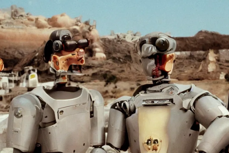 Image similar to a movie still from the 1985 summer blockbuster movie Back to the Robots directed by Steven Spielberg