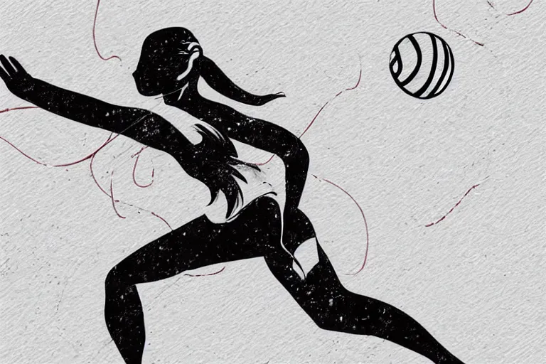 Image similar to beautiful serene volleyball player, healing through motion, life, minimalistic golden and ink airbrush painting on white background