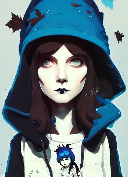 Image similar to highly detailed closeup portrait of a punk witch young lady student, blue witch hat, black parka, blue hair by atey ghailan, by greg rutkowski, by greg tocchini, by james gilleard, by joe fenton, by kaethe butcher, gradient, blue, black, brown and cream color scheme, grunge aesthetic!!! white graffiti tag wall background