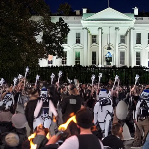 Image similar to a still of hundreds of stormtropers rioting in front of a the white house in washington.!!!, flaming torches and pitchforks