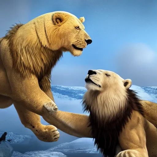 Image similar to A Polar Bear fighting an Male Lion, artstation, 4k detailed