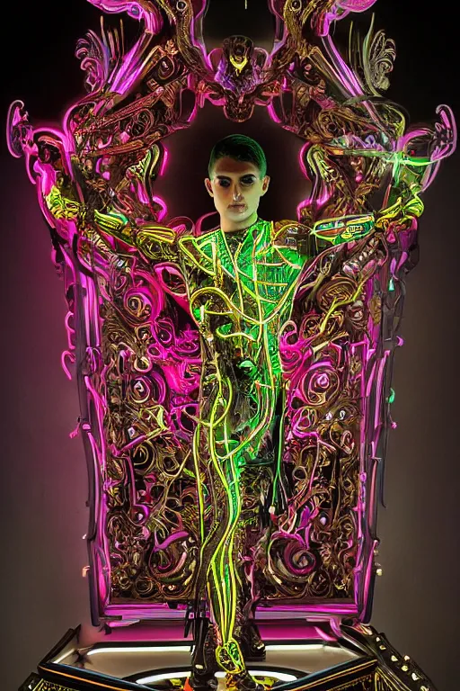 Image similar to full-body bladerunner neon baroque style sculpture of a young handsome Spanish prince as a half cibernetic android with a chest opening exposing circuitry and electric sparks, glowing laser beam eyes, crown of giant diamonds, flowing neon-colored silk, fabric, raptors. baroque elements. full-length view. baroque element. intricate artwork by caravaggio. many many birds birds on background. Trending on artstation, octane render, cinematic lighting from the right, hyper realism, octane render, 8k, depth of field, 3D