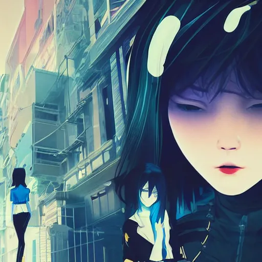 Image similar to Frequency indie album cover, luxury advertisement, indigo filter, blue and black colors. highly detailed post-cyberpunk sci-fi close-up schoolgirl in asian city in style of cytus and deemo, mysterious vibes, by Ilya Kuvshinov, by Greg Tocchini, nier:automata, set in half-life 2, beautiful with eerie vibes, very inspirational, very stylish, with gradients, surrealistic, dystopia, postapocalyptic vibes, depth of field, mist, rich cinematic atmosphere, perfect digital art, mystical journey in strange world, beautiful dramatic dark moody tones and studio lighting, shadows, bastion game, arthouse