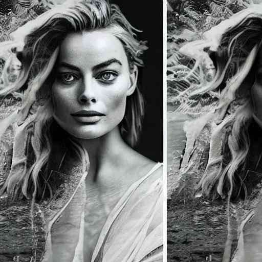 Image similar to double exposure photography of margot robbie in nature