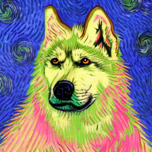 Image similar to retarded wolf portrait, van gogh style, pink, green