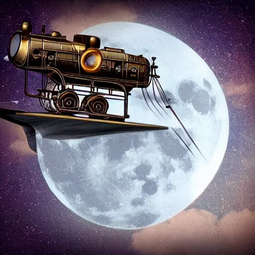 Prompt: steampunk train flying towards the moon