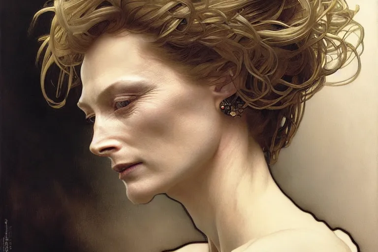 Image similar to hyper realistic portrait of tilda swildon, from the side, by lee bermejo, alphonse mucha and greg rutkowski