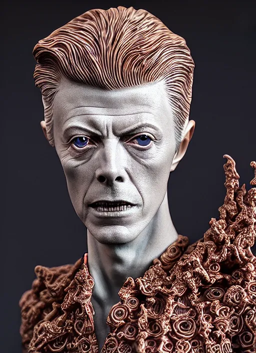 Image similar to David Bowie , A Close up photo-real delicate ceramic porcelain sculpture of a symmetrical ornate detailed in front of an intricate background by Victo Ngai and takato yamamoto, micro detail, backlit lighting, face in focus, subsurface scattering, translucent, thin porcelain, octane renderer, colorful, physically based rendering, japanese pottery, trending on cgsociety