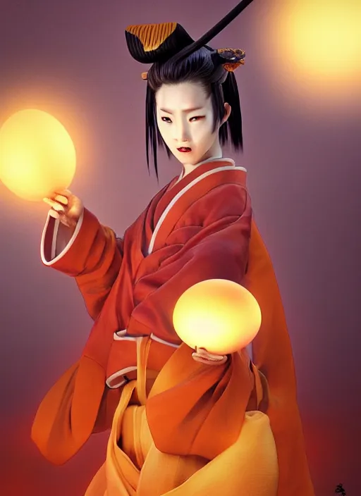 Image similar to kitsune samurai in autumn color kimono holding a glowing egg, subsurface scattering, by jesper ejsing, justin gerard, tomasz alen kopera, cgsociety and fenghua zhong, highly detailed, rim light, cinematic lighting, illustration, art, octane render, very coherent, cinematic, hyper realism, high detail, octane render, 8 k